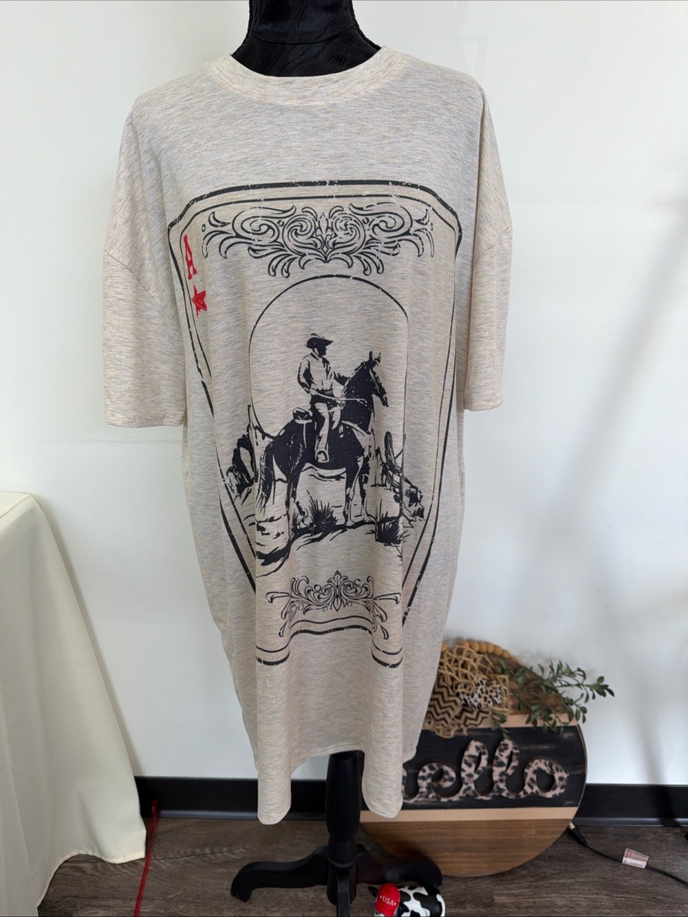 Beige Graphic Cowboy Print women’s T-Shirt dress